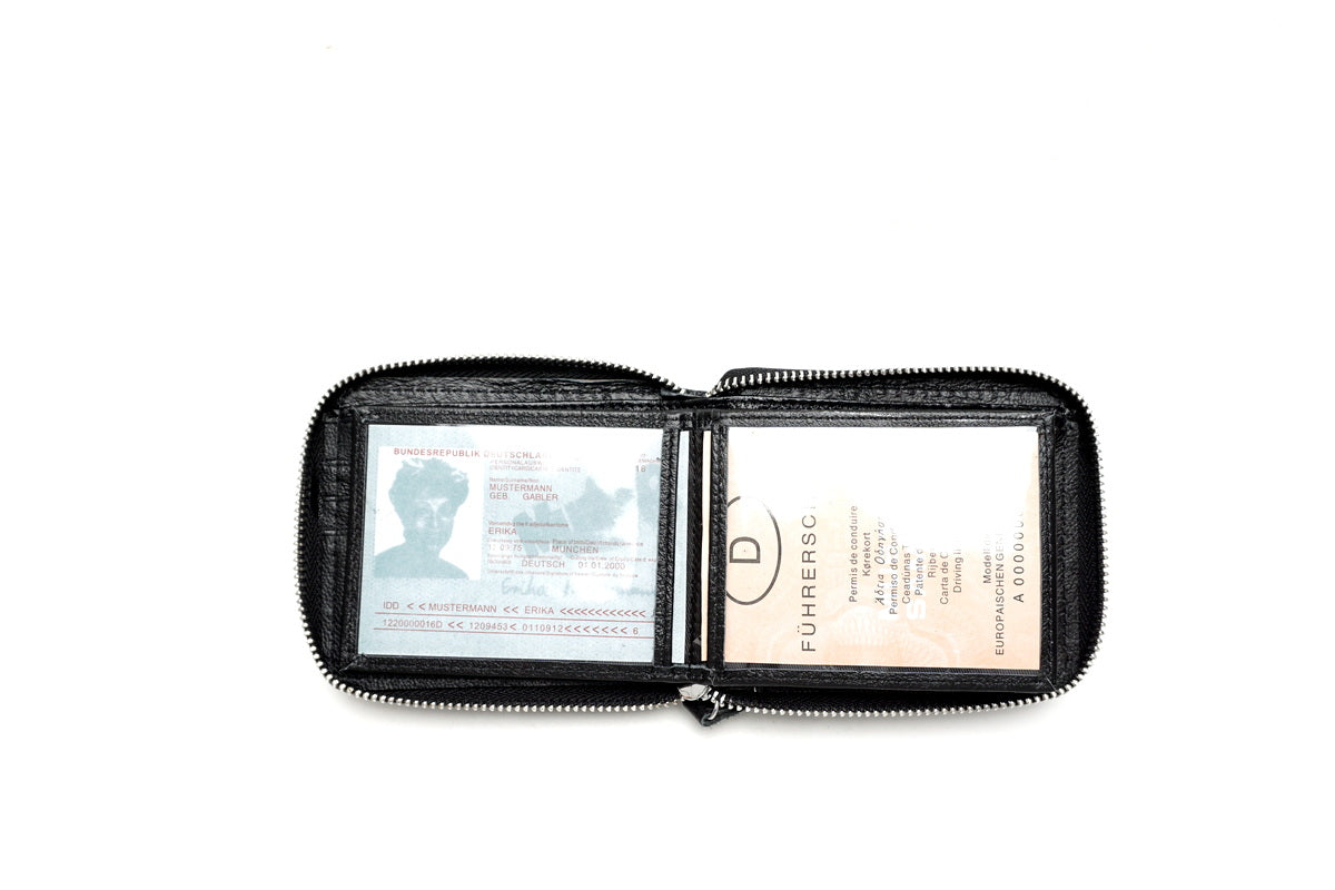 Juoda odinė piniginė užtraukiama su RFID apsauga