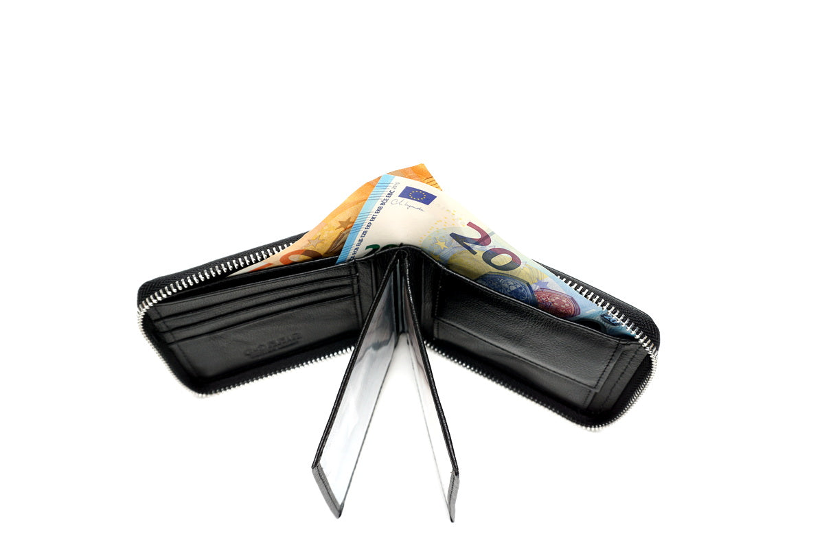Juoda odinė piniginė užtraukiama su RFID apsauga