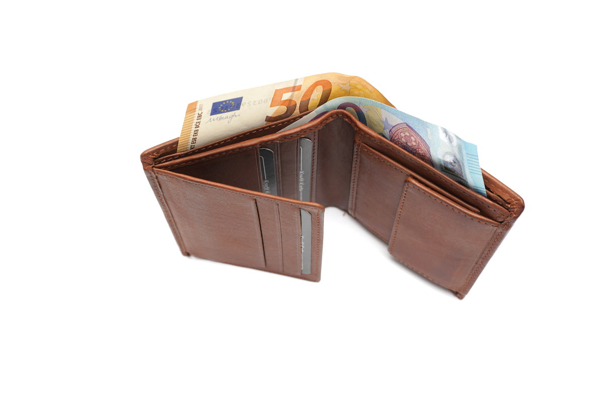 Ruda odinė piniginė su RFID apsauga