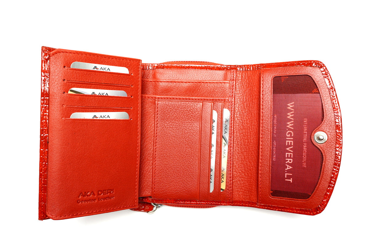 Raudona lakuota Aka odinė piniginė