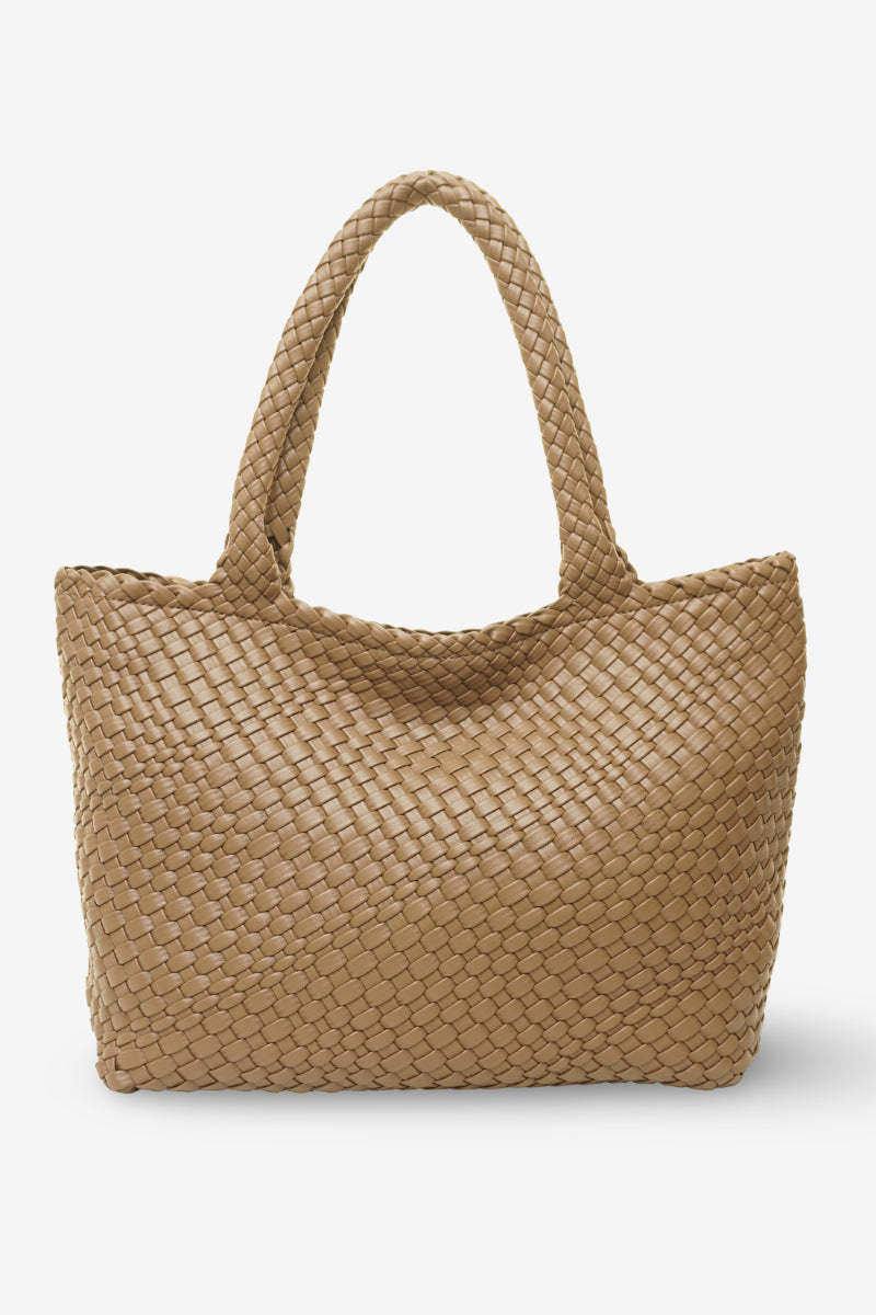 Talpi pirkinių krepšio stiliaus moteriška rankinė iš pinto rašto eko odos su dvigubomis pinto dizaino rankenomis
